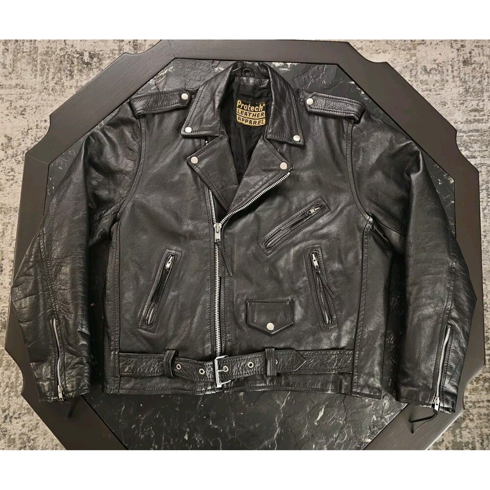Vintage Protech Leather Motorcycle Jacket Mens L 50 Black Brando Biker Moto